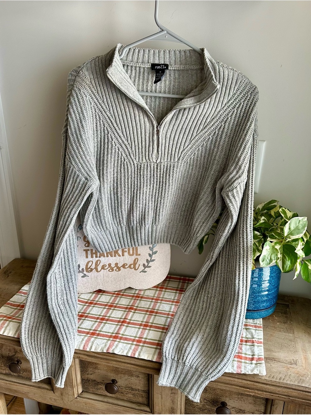 Rue21 Gray Ribbed Half-Zip Cropped Balloon Sleeve Sweater